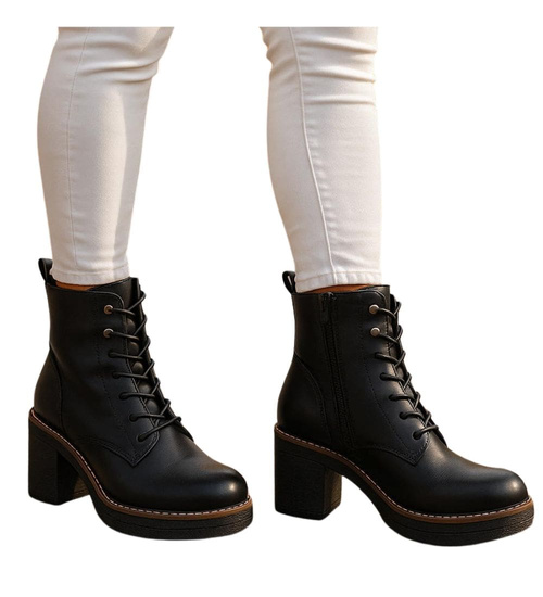 Sznurowane botki workery na obcasie Czarne /i6-3 h2 18406 W385/