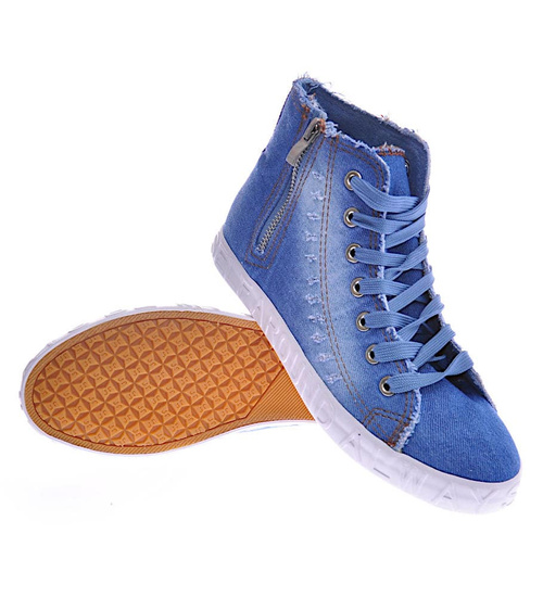 Jeansowe trampki z wysoką cholewką niebieskie /A3-2 12442 T296/