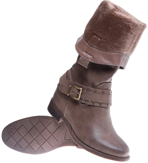 Ocieplane kozaki damskie na niskim koturnie Khaki /C5-2 15268 T522/