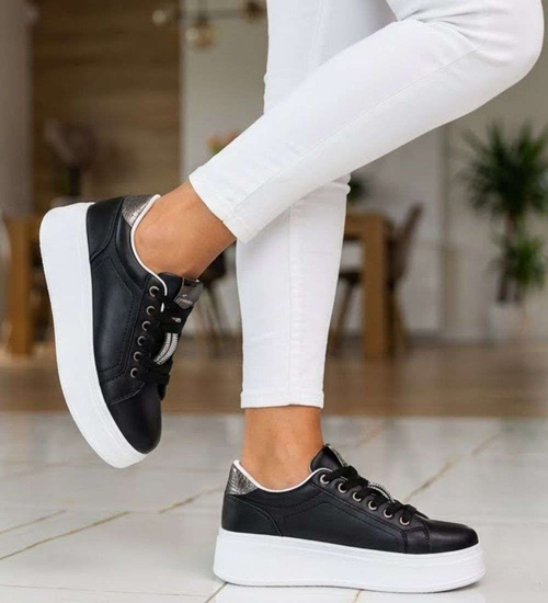 Czarne sznurowane damskie trampki na platformie /F6-2 16234 G360/