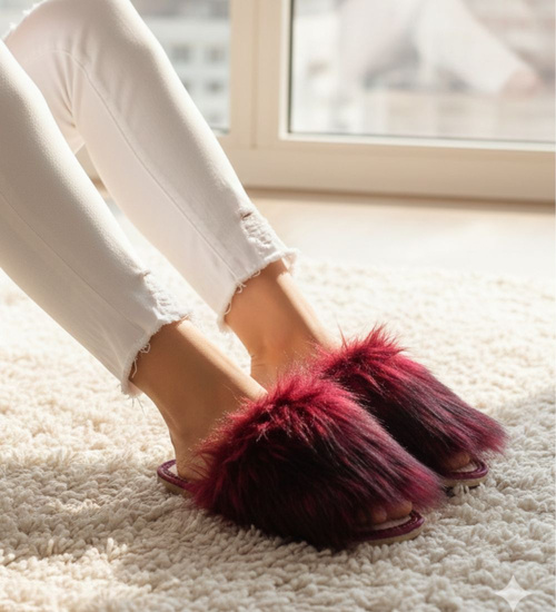 Bordowe klapki z efektownym futerkiem /C1-1 2832 K197/