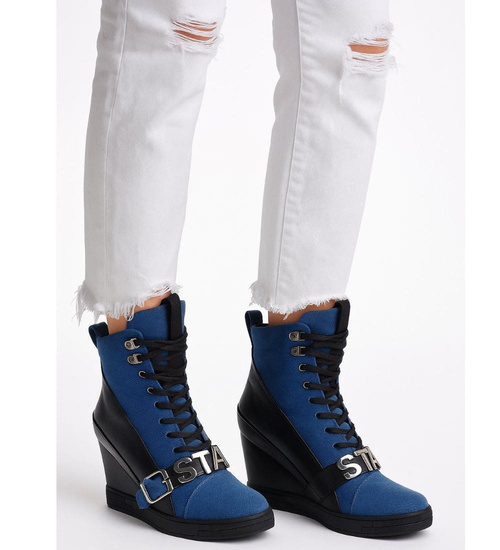 Sznurowane niebiesko czarne trampki sneakersy koturnie /F4-3 18049 T284/