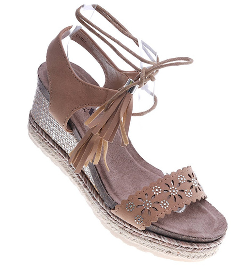 Sandały na koturnie i platformie karmelowe /D8-3 14057 S291/