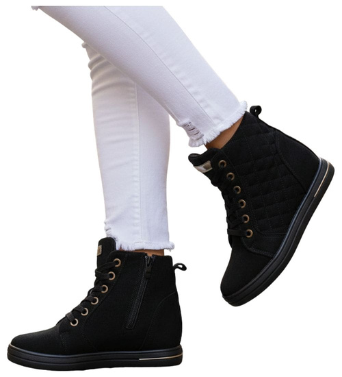 Czarne klasyczne sneakersy damskie na koturnie /D8-2 12856 T796/