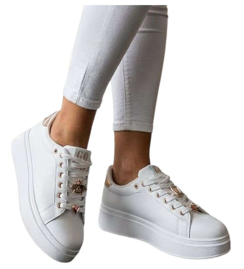 Białe sznurowane damskie trampki na platformie /B5-3 16211  T535/