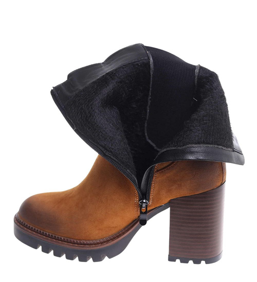 Karmelowe zimowe botki na słupku /L3-2 18592 G288/