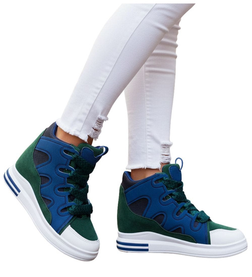 Sznurowane granatowo zielone trampki sneakersy na niskim koturnie /E2-3 15824 D430/
