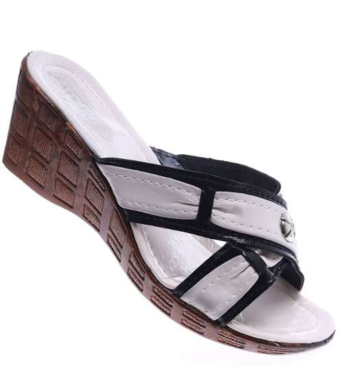 Damskie klapki na koturnie i platformie Biało Czarne /H2 14311 T005/ Damskie klapki na koturnie i platformie Biało Czarne /H2 14311 T005/