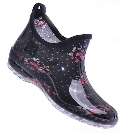 Damskie kalosze z krótką cholewką w kwiaty czarne /C6-1 12488 T495/