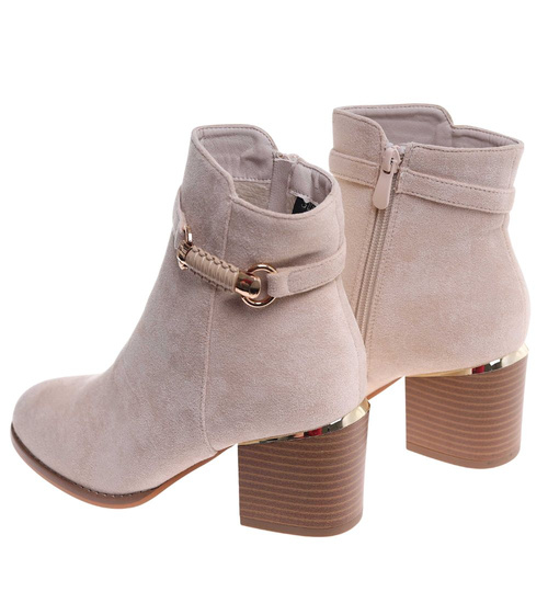 Botki damskie ocieplane na niskim obcasie Beżowe /F2-2 18239 W422/