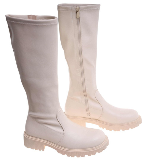 Beżowe kozaki damskie z suwakiem /D8-3 18134 T397/