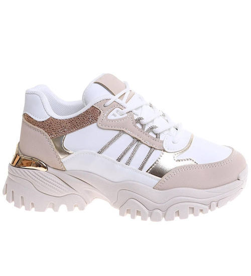 Sznurowane biało beżowe buty sportowe na platformie /G8-2 16805 T683/