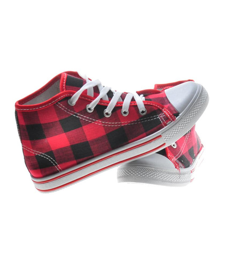 Wysokie damskie trampki z tkaniny w kratkę CZERWONE /C5-3 7629 S097/