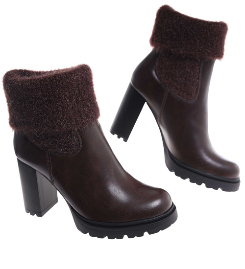 Czekoladowe zimowe botki na słupku /A1-3 18563 G284/