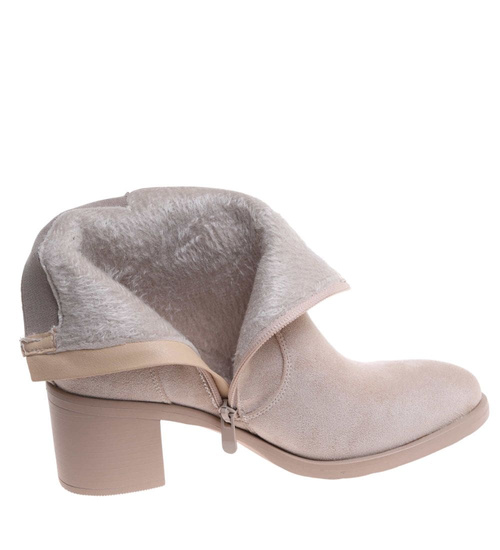 Beżowe ocieplane botki damskie na obcasie /E4-2 18379 W381/