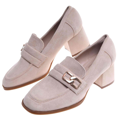 Beżowe czółenka na grubym obcasie /E4-3 18234 W202/