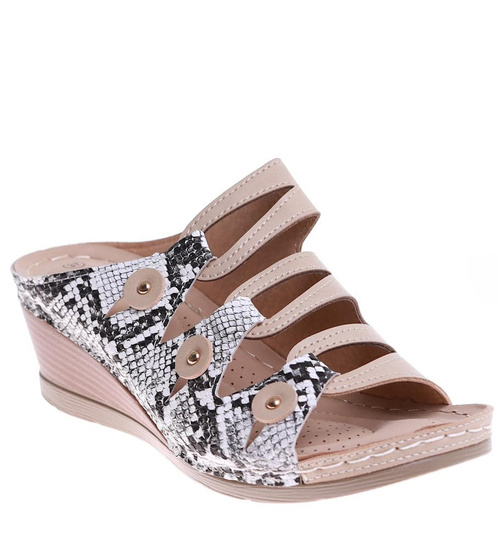 Beżowe klapki damskie na koturnie /D9-3 16144 S235/