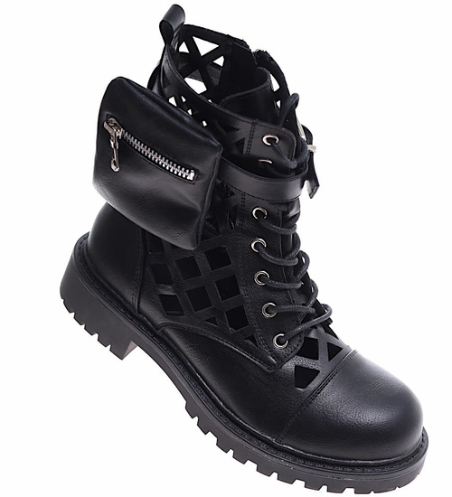 Czarne ażurowe botki trapery /B2-1 16714 G381/