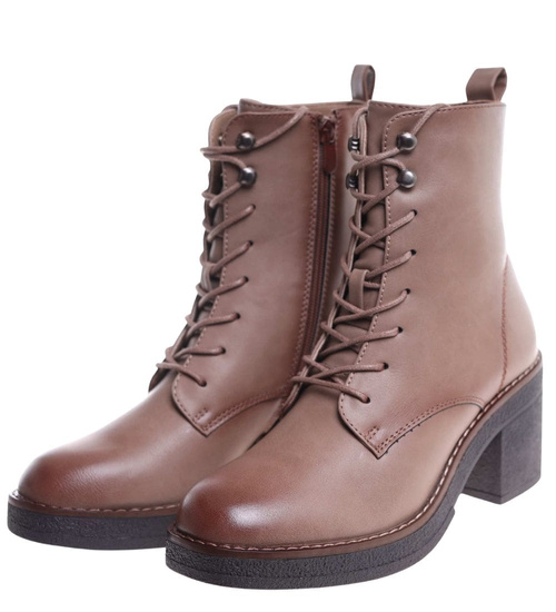 Sznurowane botki workery na obcasie Khaki /i4-3h2 18407 W385/
