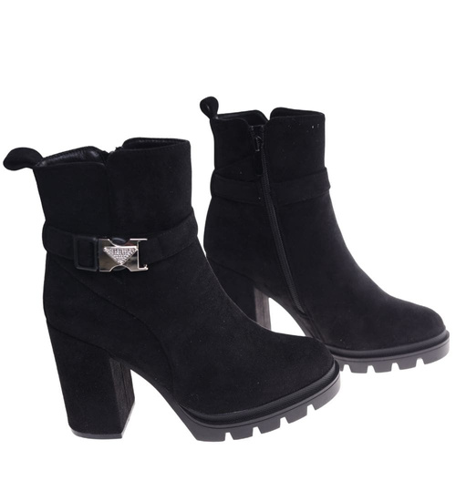 Czarne botki damskie na obcasie słupku OST453