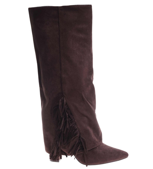 Czekoladowe kozaki boho do kolan na obcasie /F2-1 18586 G688/