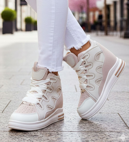 Sznurowane ciemno beżowe trampki sneakersy na niskim koturnie /D8-3 15777 D430/