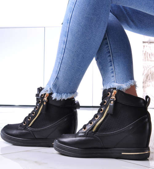 Czarne sneakersy damskie na koturnie /E7-3 12817 T690/ Czarne sneakersy damskie na koturnie /E7-3 12817 T690/