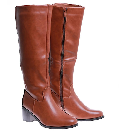 Karmelowe kozaki damskie na obcasie klocku /G6-1 15421 T430/