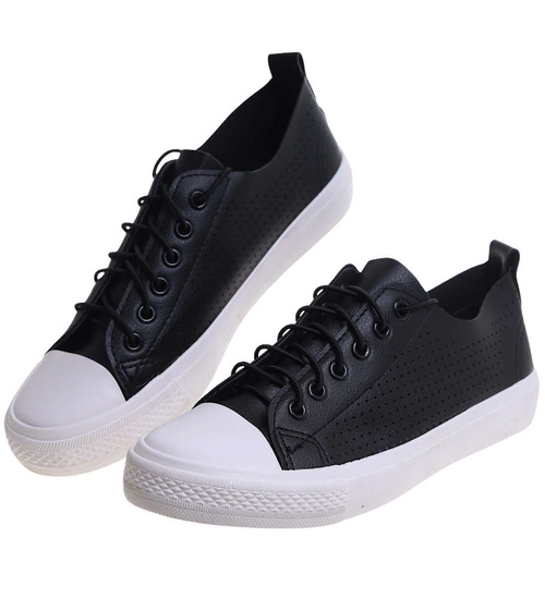 Sznurowane ażurowe czarne trampki damskie /C7-3 12312 S191/