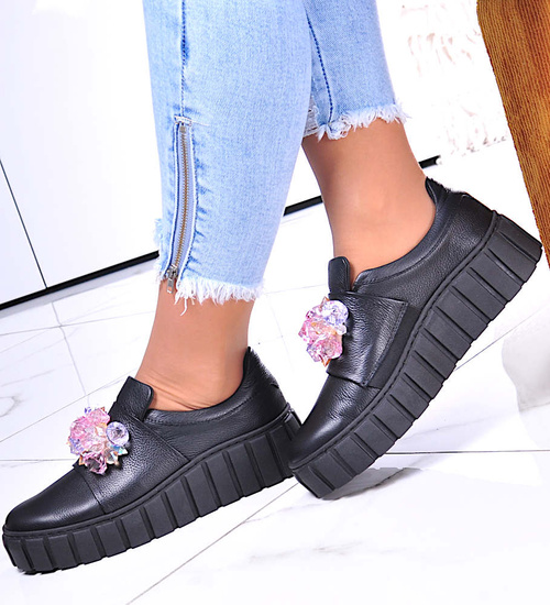 Czarne skórzane damskie trampki creepersy /B5-1 11692 N0200/