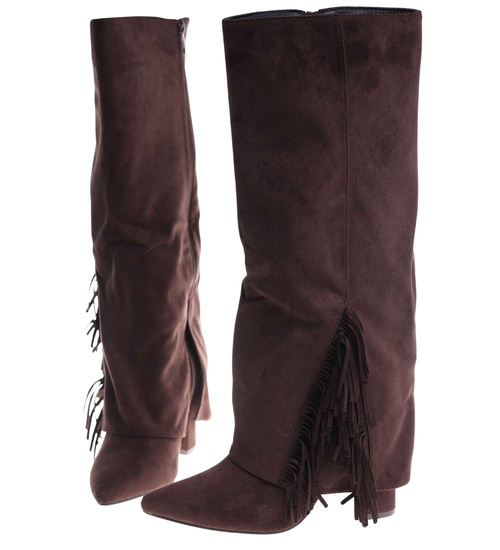 Czekoladowe kozaki boho do kolan na obcasie /F2-1 18586 G688/