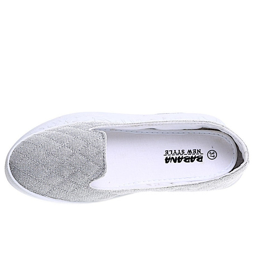 Materiałowe srebrne tenisówki wsuwane balerinki pikowane /B2-3 15438 T133/