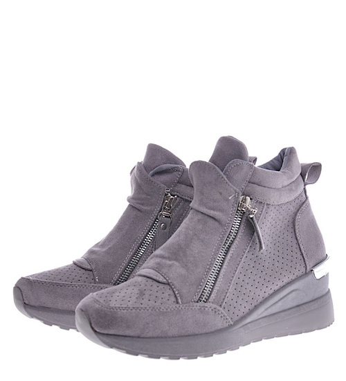 Szare sneakersy damskie na koturnie /B2-2 12852 T890/