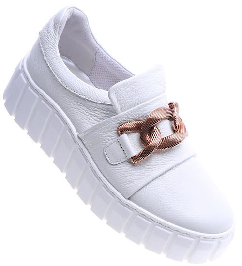 Skórzane półbuty damskie białe na platformie /D7-3 13606 N196/