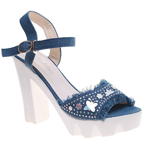 Niebieskie sandały damskie na obcasie i platformie /B7-3 16230 T230/