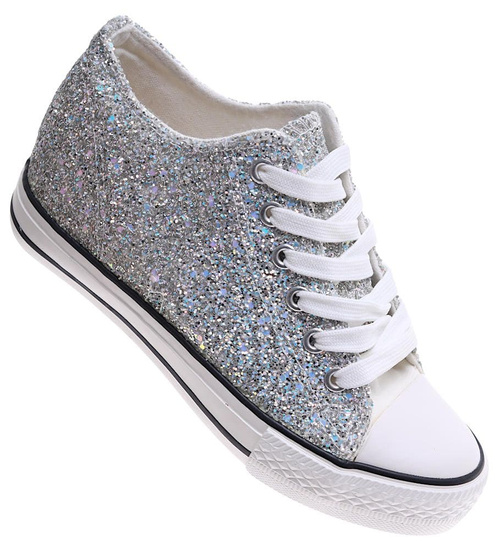 Srebrne trampki sneakersy na niskim koturnie /J4-2 16611 T094/