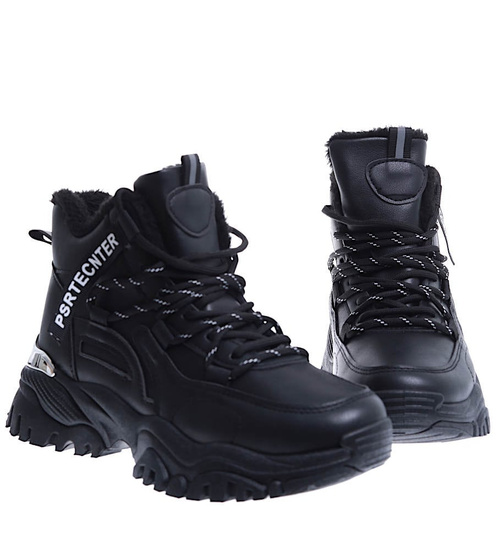 Czarne ocieplane trampki sneakersy na koturnie /G12-3 15392 T538/