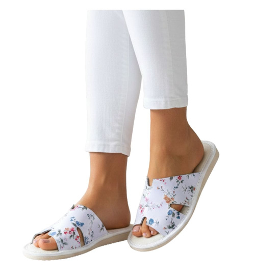 Skórzane domowe klapki kapcie w kwiaty /G3-1 16900 S197/