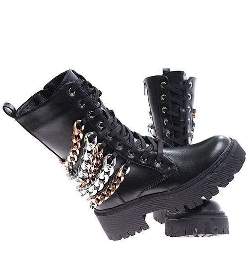 Sznurowane czarne glany trapery na platformie /E9-1 17022 T217/