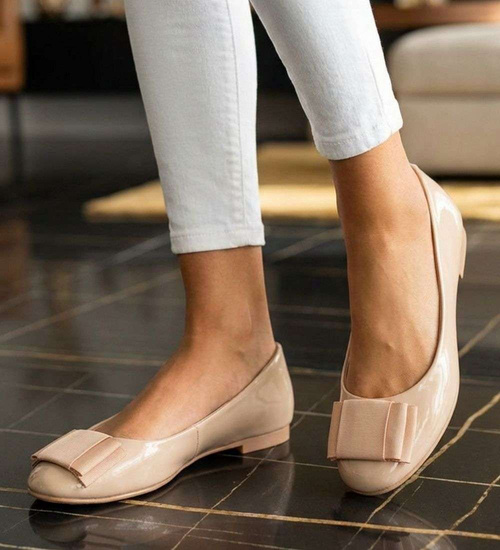 Beżowe baleriny damskie z kokardką /C3-2 13433 T290/