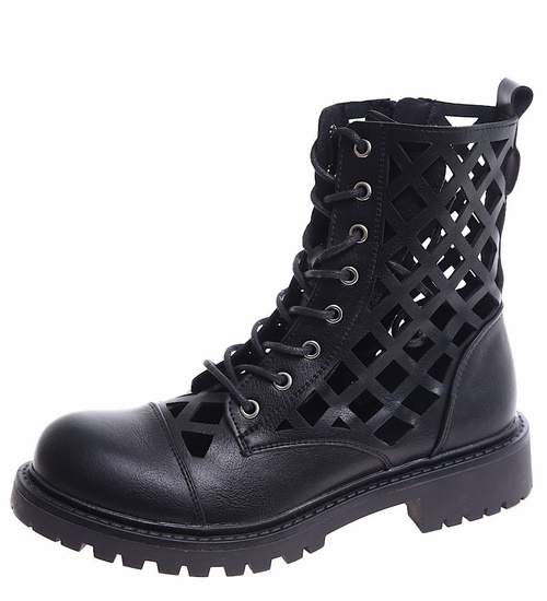 Czarne ażurowe botki trapery /B2-1 16714 G381/