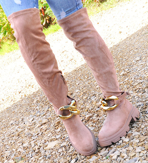 Wysokie zamszowe kozaki z łańcuchem Khaki /A5-1 12724 T707/