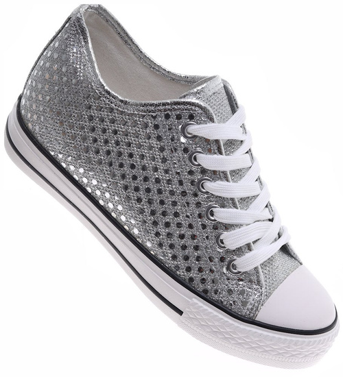 Srebrne trampki sneakersy na niskim koturnie /A10-2 16548 G8-61/