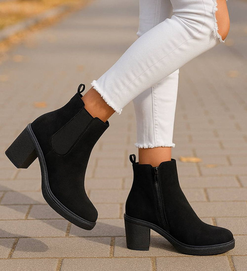 Czarne botki damskie na grubym obcasie /D6-1 18323 W385/