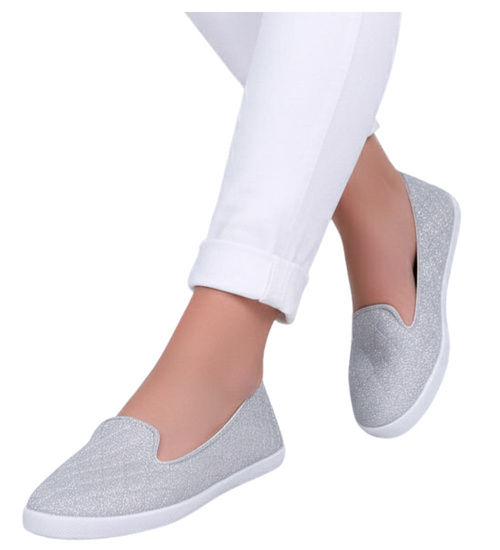 Materiałowe srebrne tenisówki wsuwane balerinki pikowane /B2-3 15438 T133/