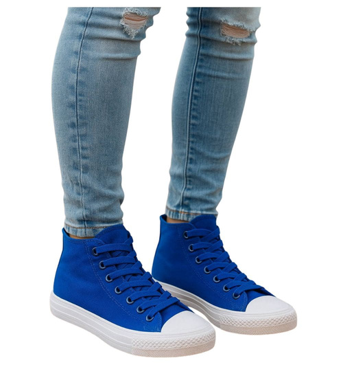 Klasyczne niebiesko białe trampki damskie z wysoką cholewką /G1-1 16734 G9-84/