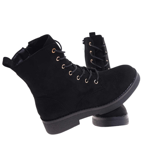 Czarne wiązane botki trapery zamszowe /A1-1 18389 W485/