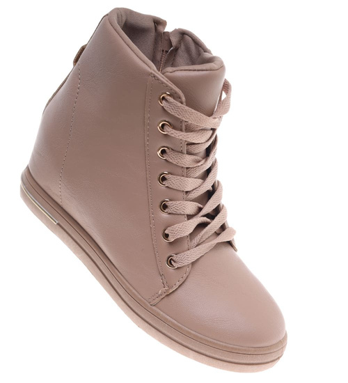 Beżowe sneakersy damskie na koturnie /F7-2 12802 T891/