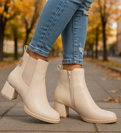 Klasyczne damskie botki na niskim obcasie Beżowe /E10-3 18381 W484/