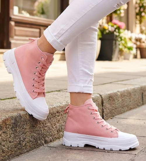 Sznurowane trampki damskie Różowe /D2-3 12370 S314/